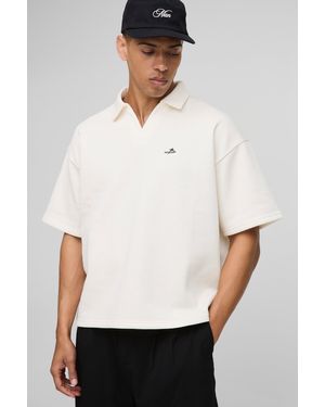 BoohooMAN Oversized Boxy B Embroidered Short Sleeve Rugby Polo - White