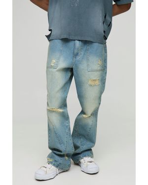 BoohooMAN Relaxed Rigid Flared Washed Ripped Panelled Jeans - Blue
