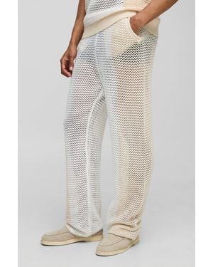 BoohooMAN Relaxed Fit Color Block Open Stitch Knitted Sweatpants - White