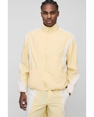 BoohooMAN Regular Fit Ripstop Color Block Funnel Neck Track Jacket - Natural
