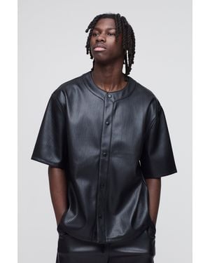 BoohooMAN Oversized Embossed Pu Baseball Shirt - Blue
