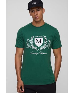 BoohooMAN Slim Fit Peached Collegiate Embroidered T-Shirt - Green