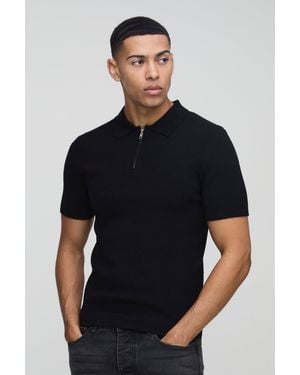 BoohooMAN Muscle Fit Zip Neck Knitted Polo - Black