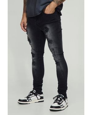 BoohooMAN Super Skinny Stretch Washed Biker Rip & Repair Jeans - Black