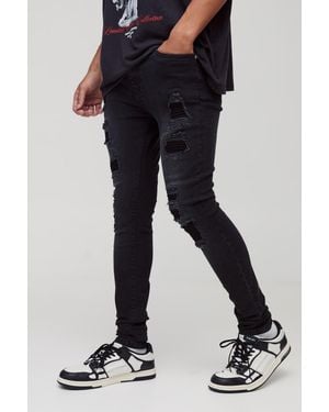 BoohooMAN Super Skinny Stretch Biker Rip & Repair Jeans - Black