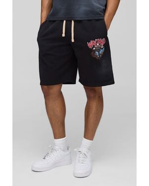 BoohooMAN Oversized Mid Length Cross Graphic Washed Distressed Shorts - Black