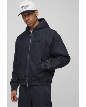 BoohooMAN Boxy Fit Padded Washed Twill Hooded Bomber Jacket - Blue