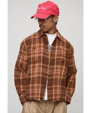 BoohooMAN Sfera Oversized Boxy Distressed Long Sleeve Flannel Shirt - Brown