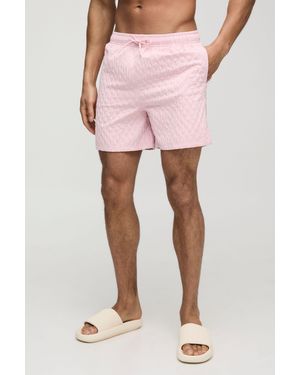 BoohooMAN Mid Length Textured Swim Short - Pink