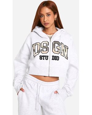 BoohooMAN Dsgn Studio Camouflage Applique Zip Through Boxy Crop Hoodie - White