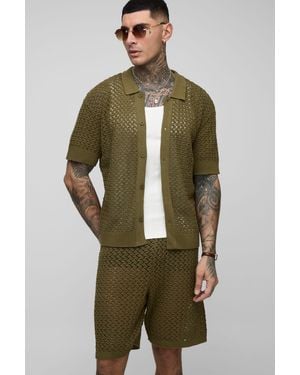 BoohooMAN Tall Oversized Boxy Open Crochet Shirt & Relaxed Short Set - Green