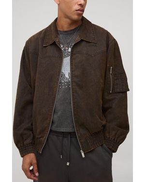 BoohooMAN Regular Fit Washed Suede Collared Bomber Jacket - Brown