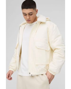 BoohooMAN Oversized Borg Collar Twill Hooded Bomber Jacket - Natural