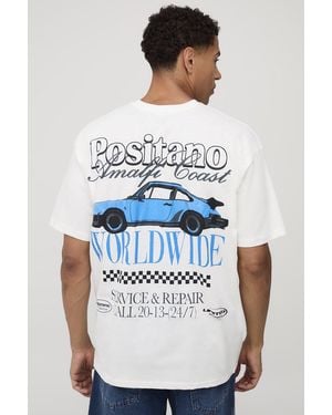 BoohooMAN Ecru Oversized Car Puff Print T-Shirt - Blue