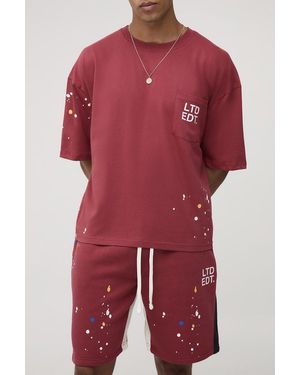 BoohooMAN Oversized Boxy Ltd Etd Paint Splatter T-Shirt & Short Set - Red