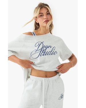 BoohooMAN Dsgn Studio Script Embroidered Off The Shoulder T-shirt - Grey