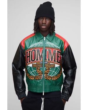 BoohooMAN Boxy Fit Homme Applique Pu Collared Bomber Jacket - Green