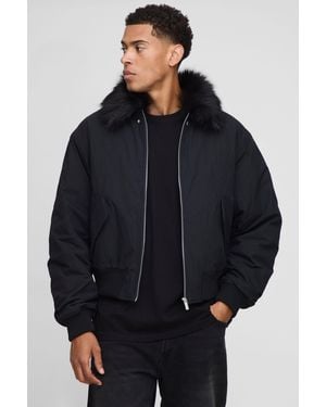 BoohooMAN Regular Fit Faux Fur Collar Nylon Bomber Jacket - Blue