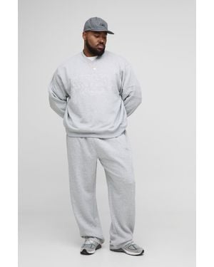 BoohooMAN Plus Oversized Boxy V-neck Varsity Applique Sweatshirt Tracksuit - Grey