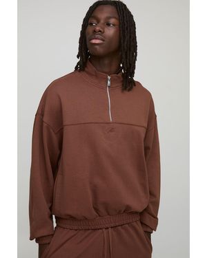 BoohooMAN Oversized Boxy Loopback Script Embroidered Funnel Neck Sweatshirt - Brown