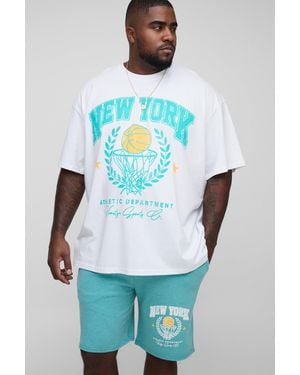 BoohooMAN Plus Oversized New York Varsity Print T-Shirt & Overdye Slim Short Set - Blue