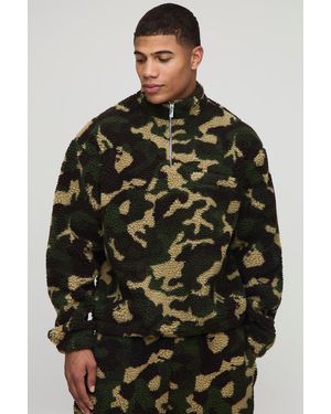 Boohoo Oversized Boxy Borg Camo Quarter Zip Funnel Sweatshirt - Green