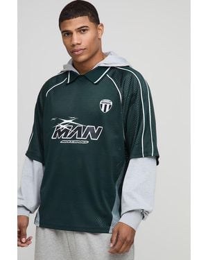 BoohooMAN Oversized Mesh Faux Layer Sports Top Hoodie - Blue