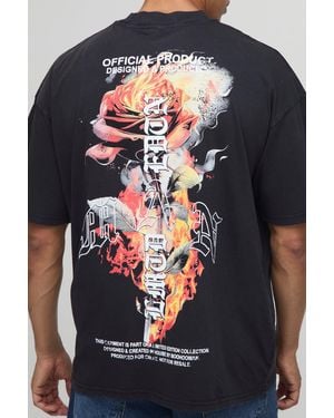 BoohooMAN Washed Extended Neck Oversized Gothic Rose Printed T-Shirt - Blue