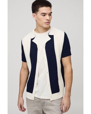 BoohooMAN Relaxed Open Stitch Panel Stripe Knitted Shirt - Blue