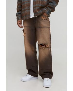Boohoo Relaxed Fit Acid Wash Ripped Carpenter Jeans - Marrón