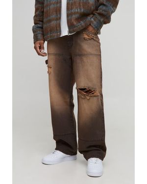 Boohoo Relaxed Fit Acid Wash Ripped Carpenter Jeans - Marrón