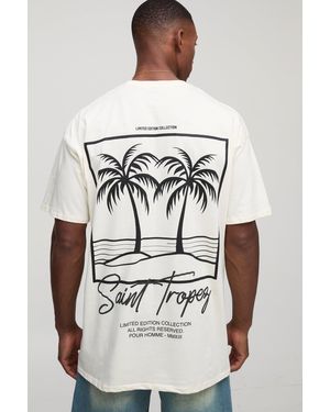 BoohooMAN Ecru Oversized Saint Tropez Puff Print Line Drawn Palm Graphic T Shirt - Natural
