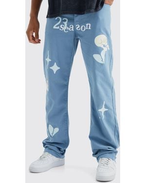 BoohooMAN Tall Fixed Waist Relaxed Gusset Applique Trouser - Blue