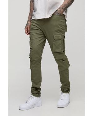 BoohooMAN Tall Fixed Waist Multi Cargo Stacked Skinny Cargo Pants - Green