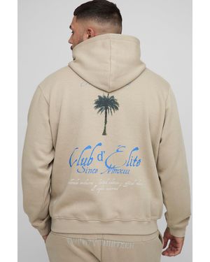 Boohoo Plus Regular Fit Palm Print Garment Washed Hoodie - Natural