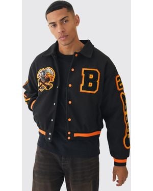 BoohooMAN Boxy Badge Collared Varsity Jacket - Blue