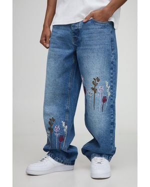 BoohooMAN Relaxed Floral Embroidery Denim Jeans - Blue