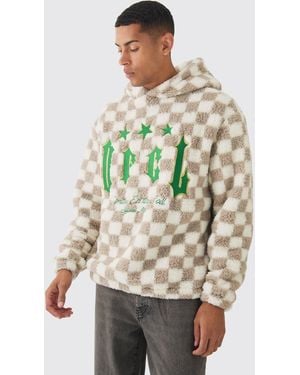 BoohooMAN Oversized Ofcl Graphic Applique Checkerboard Teddy Borg Hoodie - Multicolour