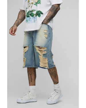 BoohooMAN Tall Relaxed Fit Vintage Wash Multi Distressed Jorts - Blue