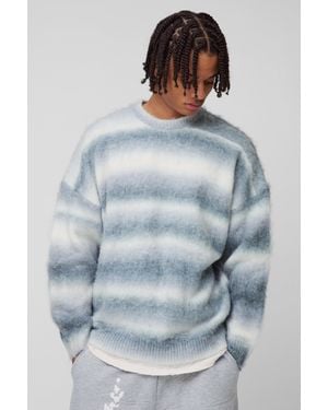 BoohooMAN Oversized Boxy Brushed Stripe Knitted Jumper - Blue