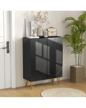 BoohooMAN Homcom Narrow Shoe Cabinet, Slim Shoe Storage Cabinet With Soft-close Hinges And Adjustable Shelves For 15-20 Pairs Of Shoes - Black