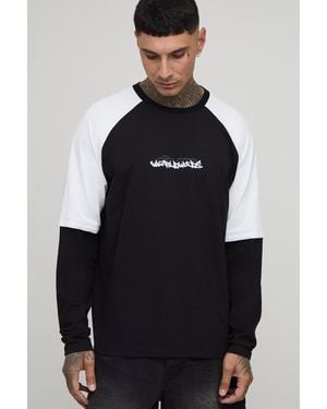 BoohooMAN Tall Oversized Boxy Faux Layer Embroidered Graphic Raglan T-Shirt - Black