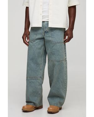BoohooMAN Baggy Fit Debossed Vintage Wash Jeans - Blue
