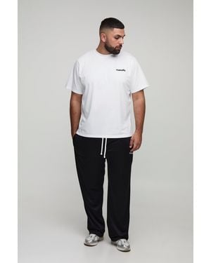 BoohooMAN Plus Regular Man Embroidered T-shirt & Oversized Tricot Extended Drawcord Jogger Set - White