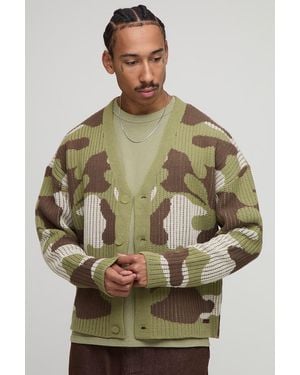 Boohoo Oversized Boxy Ribbed Camo Knitted Cardigan - Verde