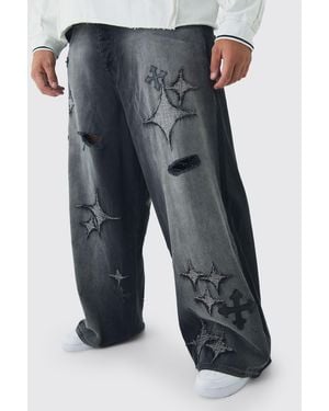 Boohoo Plus Distressed Applique Baggy Fit Jeans - Gray