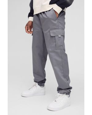 BoohooMAN Slim Fit Elasticated Waist Woven Tab Cuffed Cargo Trousers - Grey