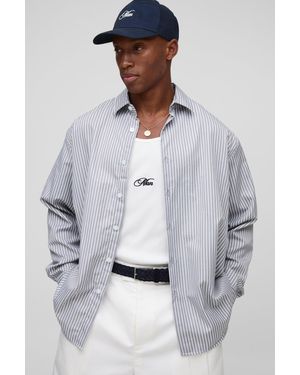 BoohooMAN Oversized Stripe Long Sleeve Shirt - Grey
