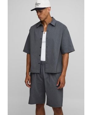 BoohooMAN Oversized Half Sleeve Marl Tech Stretch Shirt & Bermuda Short Set - Grey