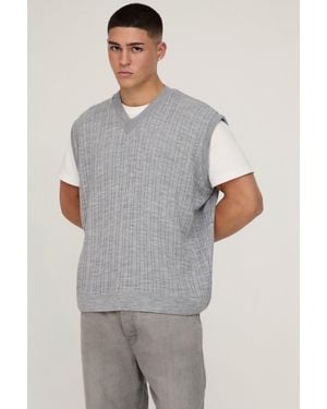 BoohooMAN Oversize Zopfmuster-Pullover mit V-Ausschnitt - Grau